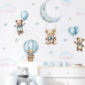 watercolor bear hot air balloon cloud wall sticker