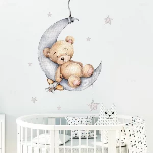 cartoon teddy bear sleeping on the moon and stars wall sticker